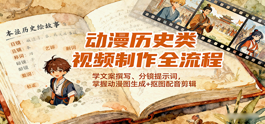 动漫历史类视频制作全流程，学文案撰写、分镜提示词，掌握动漫图生成+抠图配音剪辑-惠声网赚