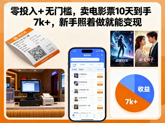 零投入+无门槛，卖电影票10天到手7k+，新手照着做就能变现【揭秘】-惠声网赚