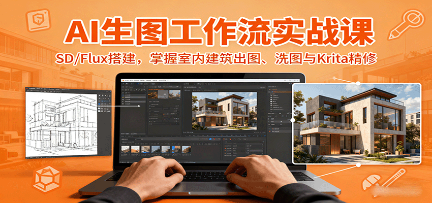 AI生图工作流实战课：SD/Flux搭建，掌握室内建筑出图、洗图与Krita精修-惠声网赚