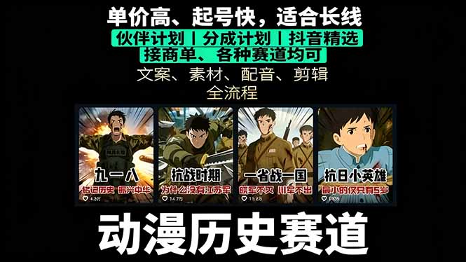 历史动漫赛道撸分成：起号、文案、素材、配音、剪辑，单视频收益破万-惠声网赚