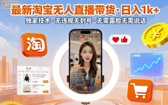 最新淘宝无人直播带货，日入1k+，独家技术，无违规无封号，无需露脸无需说话【揭秘】-惠声网赚