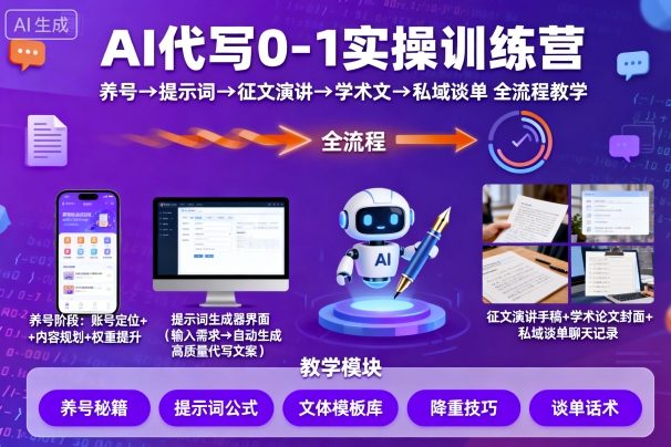 AI代写0-1实操训练营，从养号、提示词、征文演讲、学术文，到私域谈单的全流程教学-惠声网赚