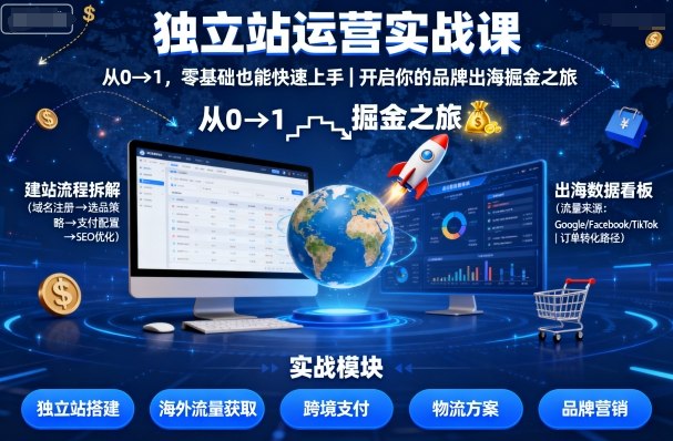 独立站运营实战课，​从0到1，零基础也能快速上手，开启你的品牌出海掘金之旅-惠声网赚
