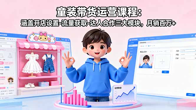 童装带货运营课程：涵盖开店设置-流量获取-达人合作三大模块，月销百万+-惠声网赚