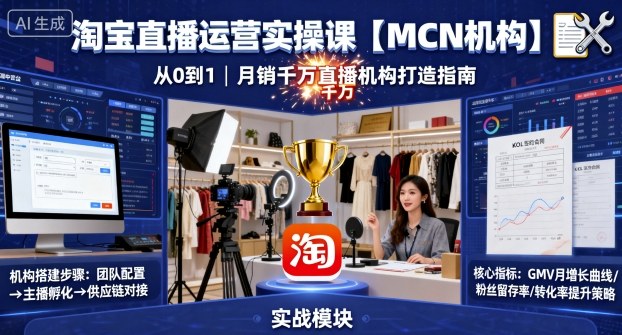 淘宝直播运营实操课【MCN机构】，从0到1做一家月销千W的直播机构-惠声网赚