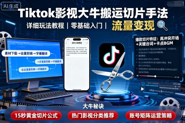 Tiktok影视大牛搬运切片手法，详细玩法教程-惠声网赚