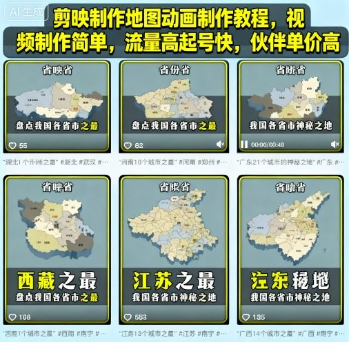 剪映制作地图动画制作教程，视频制作简单，流量高起号快，伙伴单价高-惠声网赚