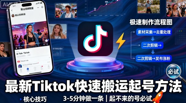 最新Tiktok快速搬运快速起号方法，3-5分钟做一条，起不来的号可以试试-惠声网赚