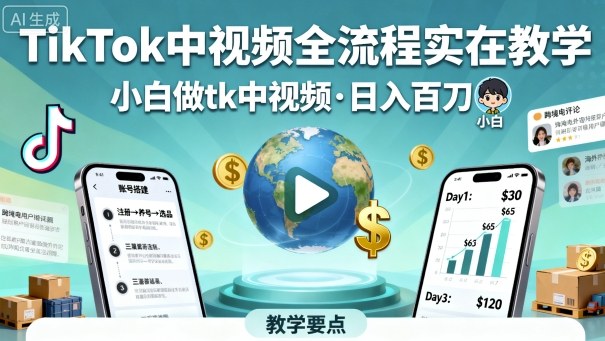 TikTok中视频全流程实操教学，小白做tk中视频，日入百刀-惠声网赚