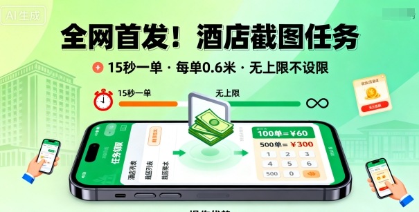 全网首发！酒店截图任务，15秒一单，每单0.6米，任务无上限不设限，矩阵操作单日3张到手【揭秘】-惠声网赚