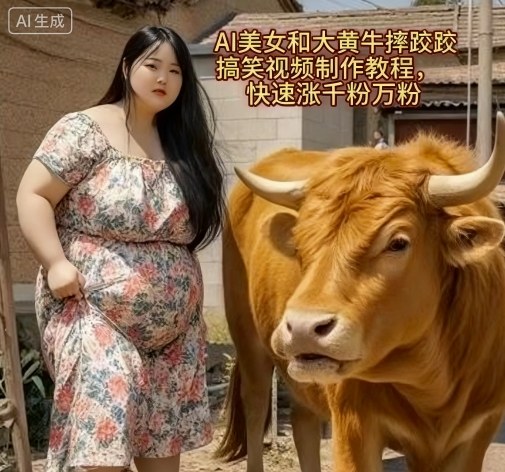 AI美女和大黄牛摔跤搞笑荒诞视频制作教程，快速涨千粉万粉-惠声网赚