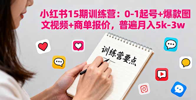 小红书15期训练营：0-1起号+爆款图文视频+商单报价，普遍月入5k-3w-惠声网赚