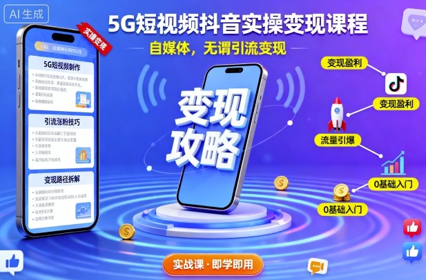 5G短视频抖音实操变现课程，自媒体，无谓引流变现-惠声网赚