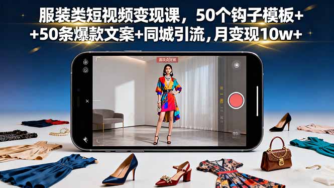 服装类短视频变现课，50个钩子模板+50条爆款文案+同城引流，月变现10w+-惠声网赚