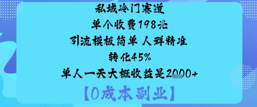 私域冷门赛道:单个收费198米引流模板简单人群精准转化45%单人一天大概收益是1k+-惠声网赚