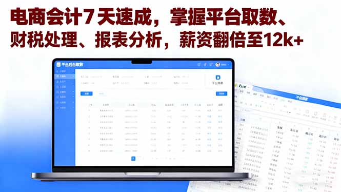 电商会计7天速成，掌握平台取数、财税处理、报表分析，薪资翻倍至12k+-惠声网赚