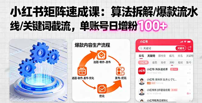 小红书矩阵起号速成课：算法拆解/爆款流水线/关键词截流 单账号日增粉100+-惠声网赚