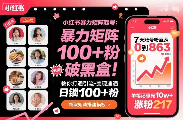 小红书暴力矩阵起号，教你打通引流-变现速通，日锁100+粉，破流量黑盒-惠声网赚