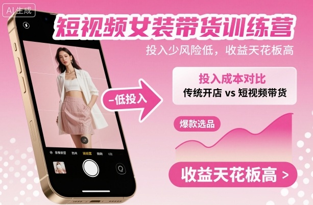 短视频女装带货训练营，投入少风险低，收益天花板高-惠声网赚