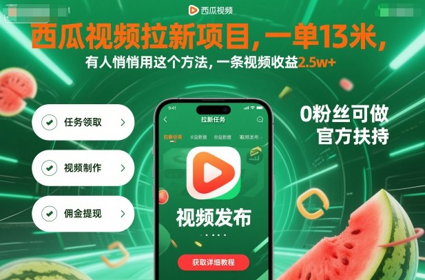 西瓜视频拉新项目，一单13米，有人悄悄用这个方法，一条视频收益2.5w+(附详细教程)-惠声网赚