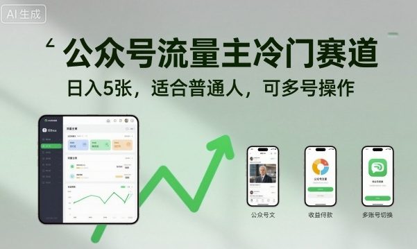 公众号流量主冷门赛道，日入5张，适合普通人，可多号操作-惠声网赚