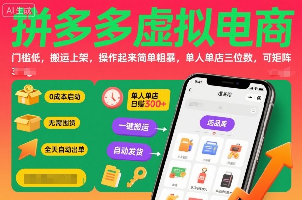 拼多多虚拟电商，门槛低，搬运上架，操作起来简单粗暴，单人单店三位数，可矩阵-惠声网赚