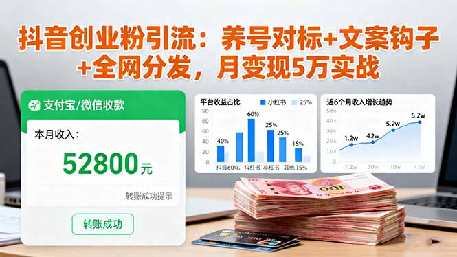 抖音创业粉引流：养号对标+文案钩子+全网分发，月变现5万实战-惠声网赚