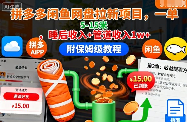 拼多多闲鱼网盘拉新项目，一单5-15米，睡后收入+管道收入1w+(附保姆级教程)-惠声网赚