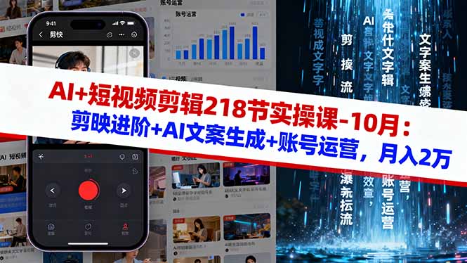 AI+短视频剪辑218节实操课-10月：剪映进阶+AI文案生成+账号运营，月入2万-惠声网赚