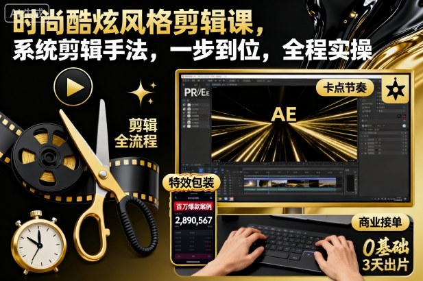 时尚酷炫风格剪辑课，系统剪辑手法，一步到位，全程实操-惠声网赚