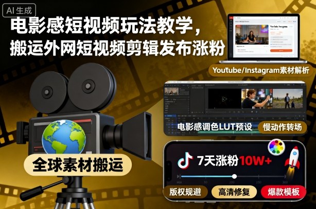 电影感短视频玩法教学，搬运外网短视频剪辑发布涨粉-惠声网赚