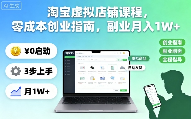淘宝虚拟店铺课程，零成本创业指南，副业月入1W+-惠声网赚
