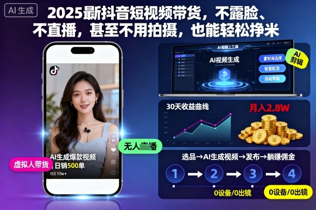 2025最新抖音短视频带货，不露脸、不直播，甚至不用拍摄，也能轻松挣米-惠声网赚