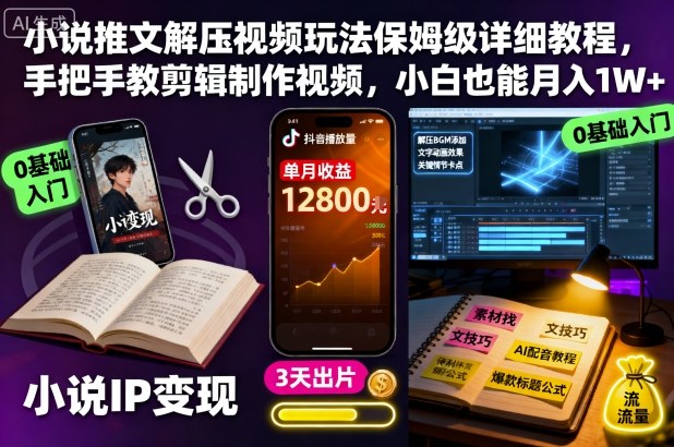 小说推文解压视频玩法保姆级详细教程，手把手教剪辑制作视频，小白也能月入1W+-惠声网赚