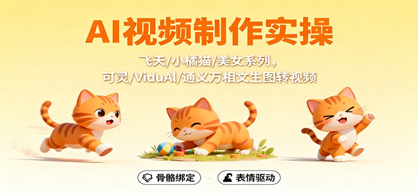 AI视频制作实操，飞天/小橘猫/美女系列，可灵/ViduAl/通义万相文生图转视频-惠声网赚