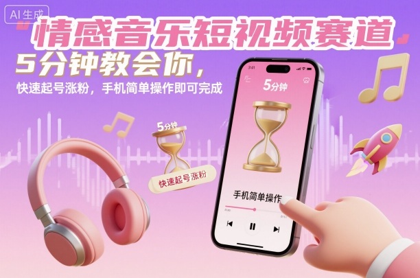 情感音乐短视频赛道，5分钟教会你，快速起号涨粉，手机简单操作即可完成-惠声网赚