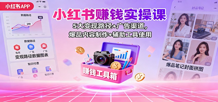小红书赚钱实操课：5大变现路径+广告渠道，爆品内容制作+辅助工具使用-惠声网赚