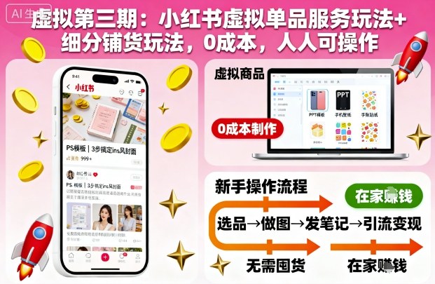 虚拟第三期：小红书虚拟单品服务玩法+细分铺货玩法，0成本，人人可操作(更新)-惠声网赚