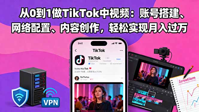 从0到1做TikTok中视频：账号搭建、网络配置、内容创作，轻松实现月入过万-惠声网赚