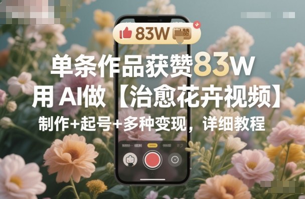 单条作品获赞83W，用AI做【治愈花卉视频】，制作+起号+多种变现，详细教程-惠声网赚