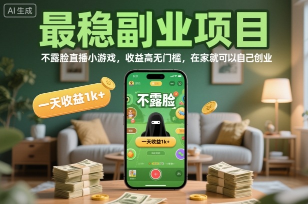 最稳副业项目，不露脸直播小游戏，收益高无门槛，一天收益1k+，在家就可以自己创业【揭秘】-惠声网赚