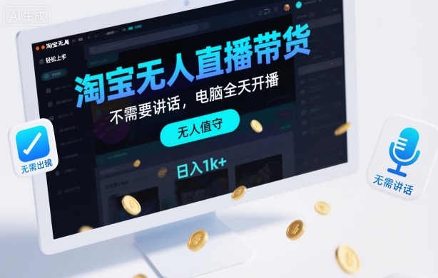 淘宝无人直播带货，不需要出镜，不需要讲话，电脑全天开播，轻松上手，日入1k+【揭秘】-惠声网赚
