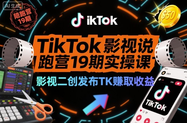 TikTok影视解说陪跑营19期实操课，影视二创发布TK賺取收益，万播收益50美金-惠声网赚
