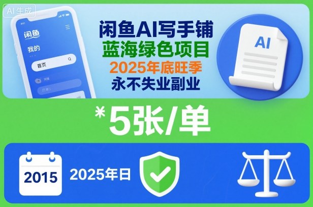 闲鱼AI写手铺，蓝海绿色项目，一单5张，2025年底旺季，永不失业副业-惠声网赚