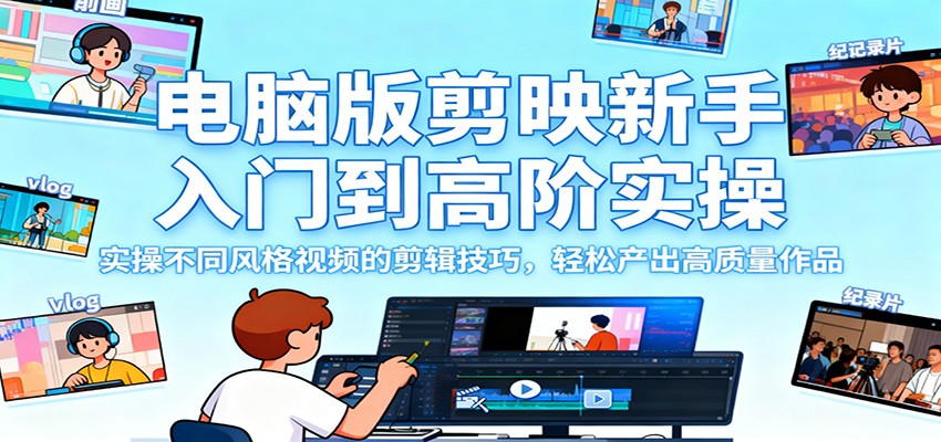 电脑版剪映新手入门到高阶实操，实操不同风格视频的剪辑技巧，轻松产出高质量作品-惠声网赚