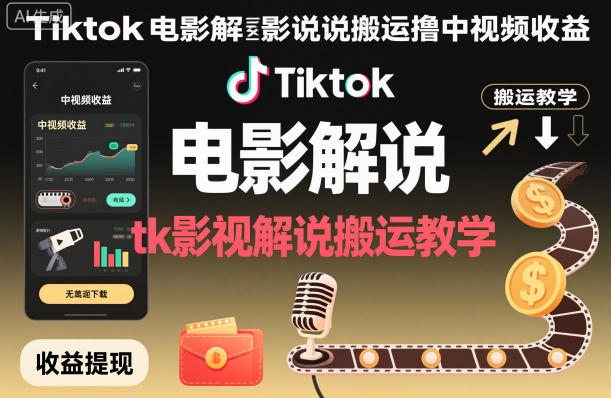 Tiktok电影解说搬运撸中视频收益，tk影视解说搬运教学-惠声网赚