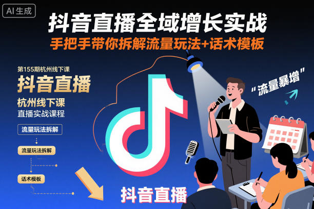 抖音直播全域增长实战第155期杭州线下课，手把手带你拆解流量玩法+话术模板-惠声网赚