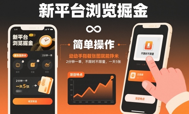 新平台浏览掘金，动动手指截张图就能挣米，2分钟一单，不限时不限量，一天5张【揭秘】-惠声网赚
