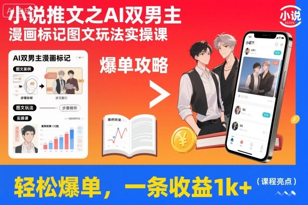 小说推文之AI双男主漫画标记图文玩法实操课，轻松爆单，一条收益1k+-惠声网赚