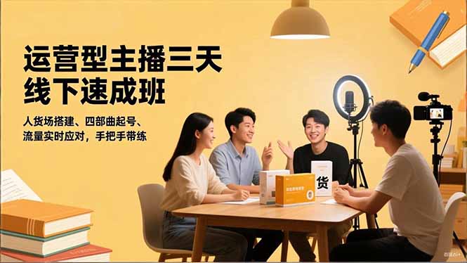 运营型主播三天线下班，人货场搭建,四部曲起号,流量实时应对，手把手带练-惠声网赚